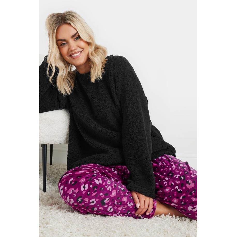 Yours Loungeset Van Borg Met Luipaardprint In Zwart/Paars Size 66-68 Zwart