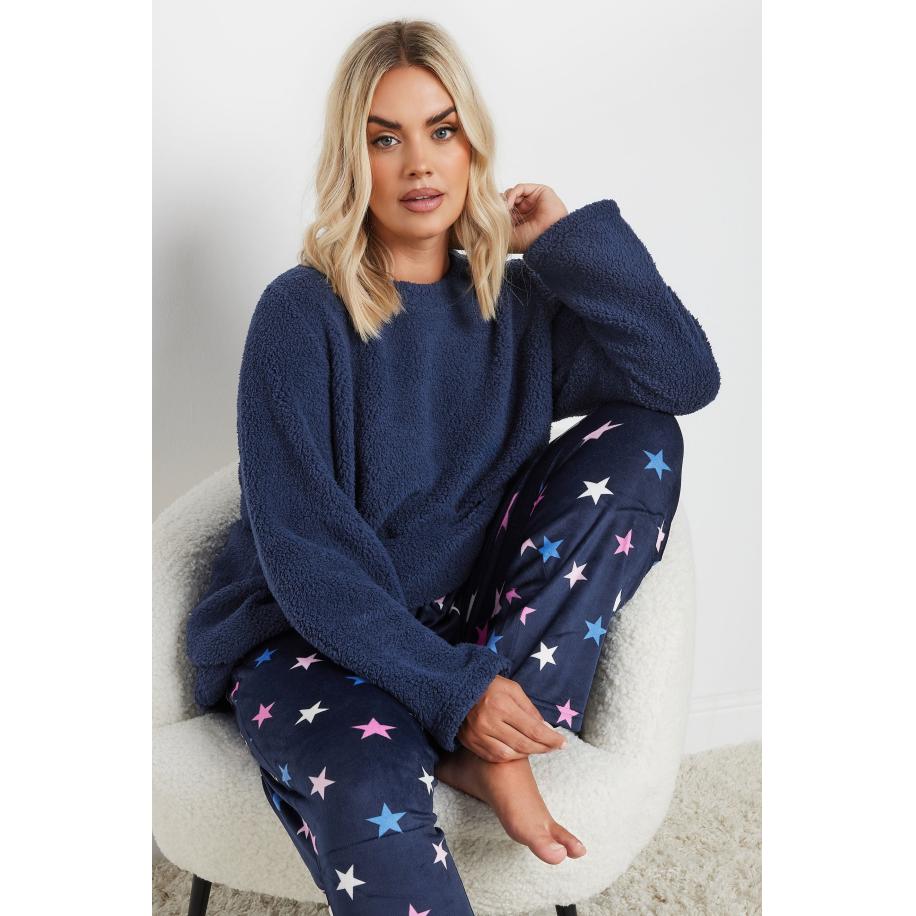 Yours Loungeset Van Borg Met Sterontwerp In Donkerblauw Size 66-68 Blauw