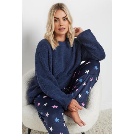 Yours Loungeset Van Borg Met Sterontwerp In Donkerblauw Size 66-68