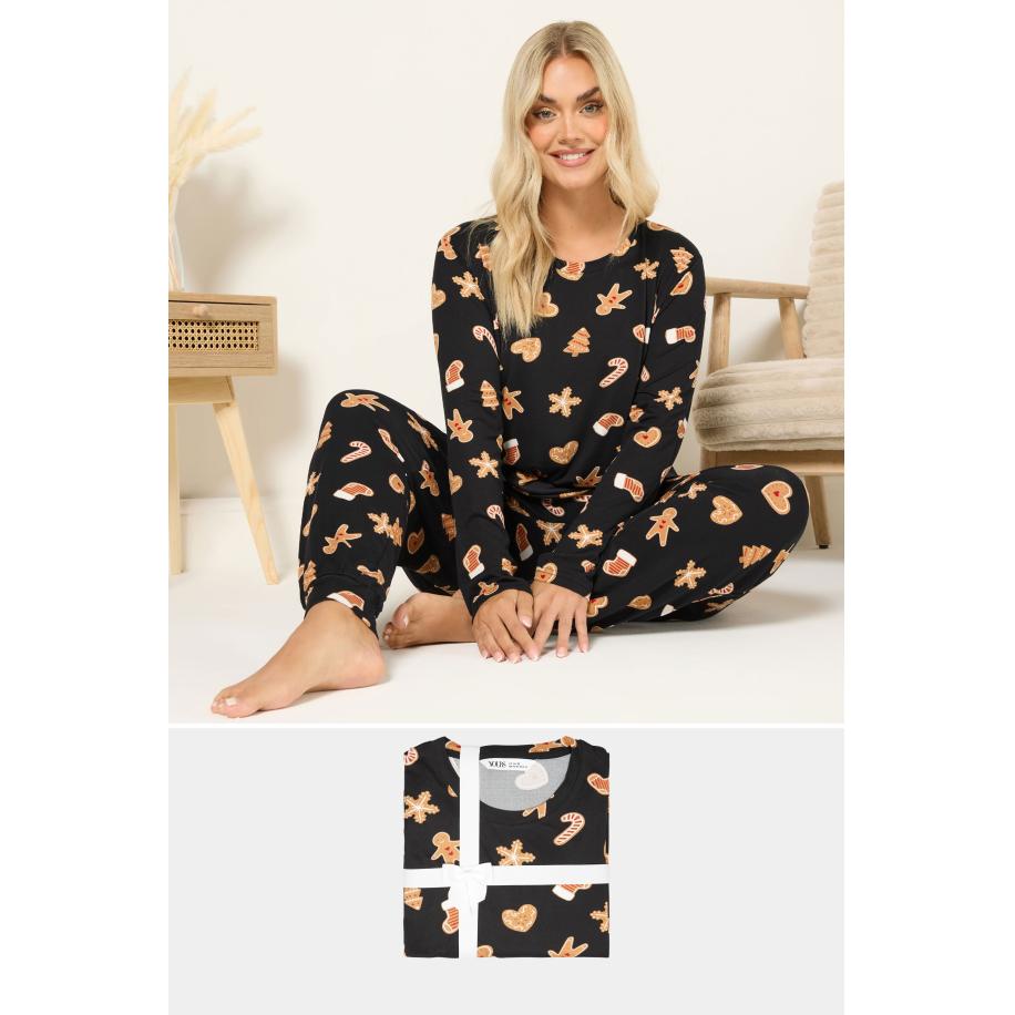 Yours Curve Zwarte Peperkoek Zachte Aanraking Pyjama Cadeauset Size 66-68 Zwart