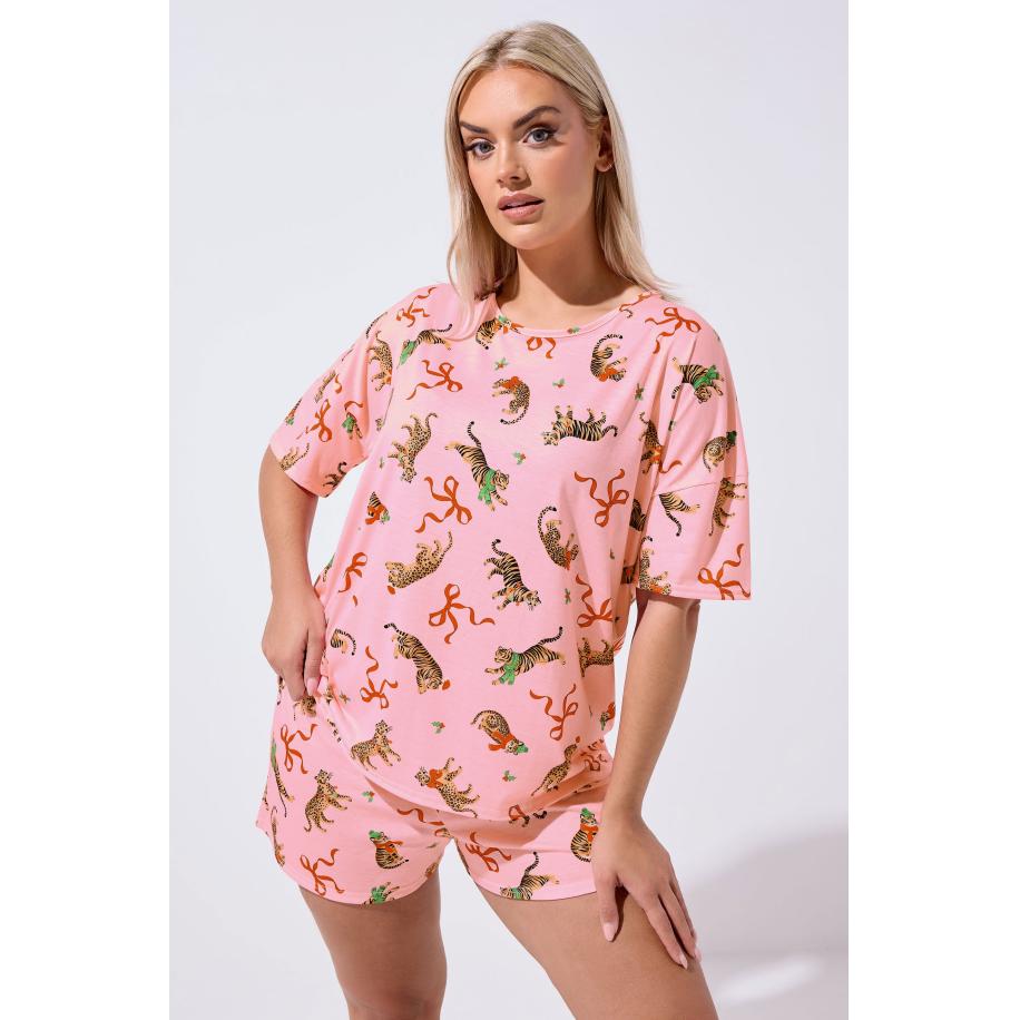 Limited Collection Curve Roze Pyjamaset Met Tijgerstrik En Kerstmotief Size 58-60 Roze