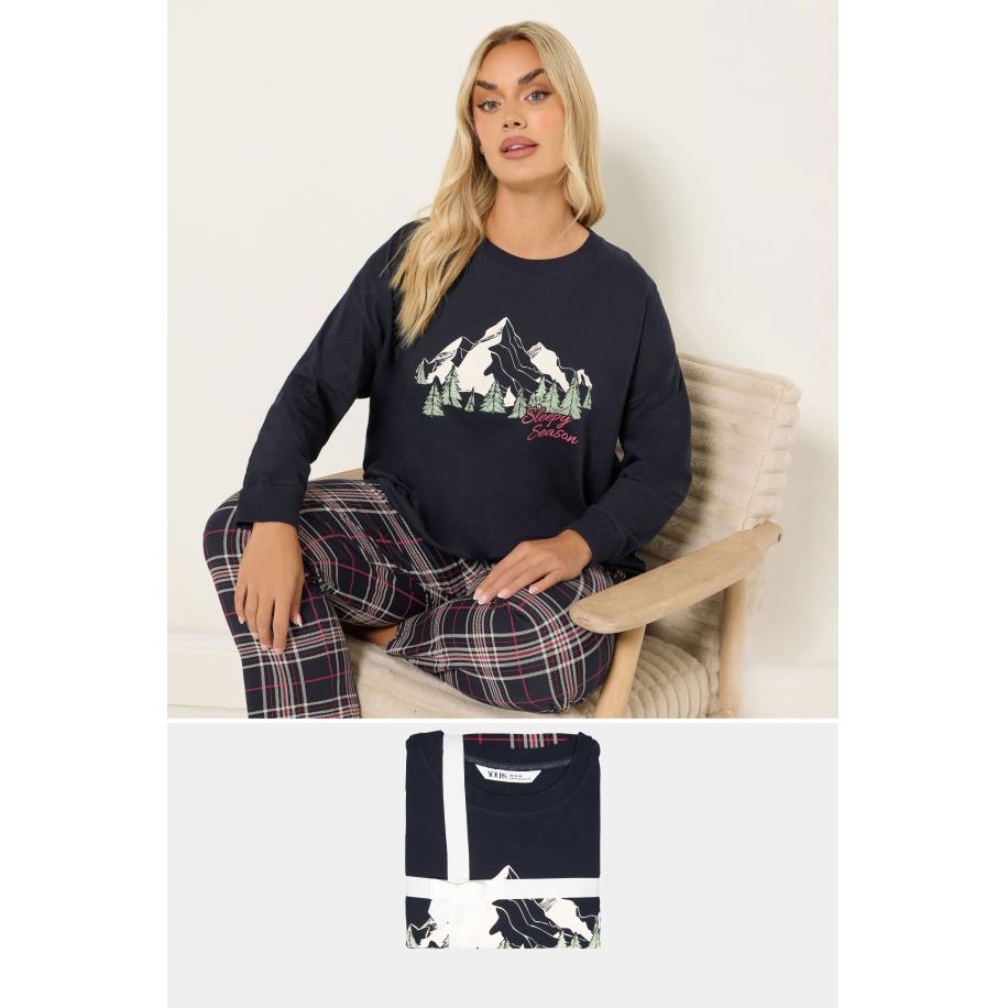 Yours Curve Blue 'Sleep Season' Geruite Pyjama Cadeauset Size 66-68 Blauw