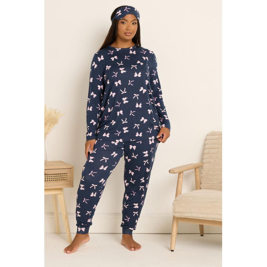 Yours Curve Marineblauwe Strik Zachte Pyjama En Slaapmaskerset Size 66-68 Blauw