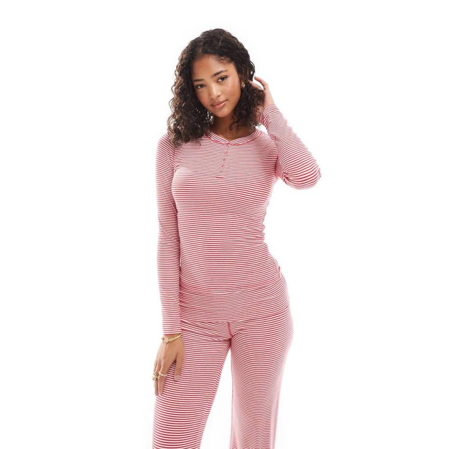 Cotton On Sleep Recovery Henleytop met lange mouwen en strepen in rood en wit, deel van co-ord set-Veelkleurig Multicolor