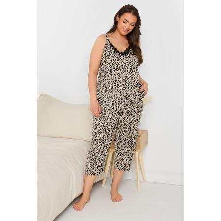 Yours Cropped Pyjamaset Met Luipaardprint In Bruin Size 58-60