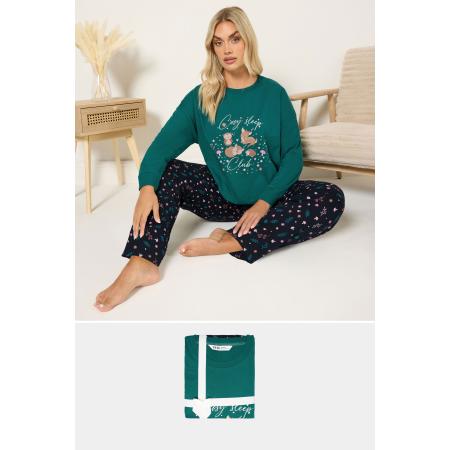 Yours Curve Green 'Cosy Sleep Club' Woodland Pyjama Cadeauset Size 66-68