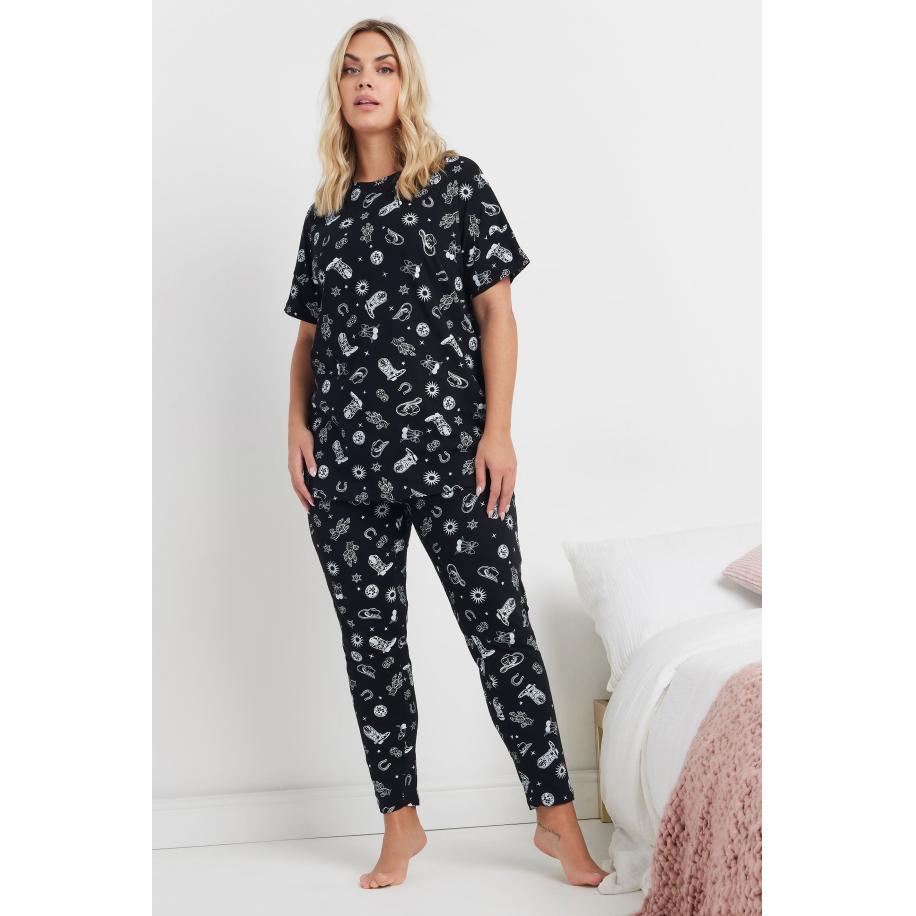 Yours Pyjamaset Met Gemengde Cowboyprint In Zwart Size 66-68 Zwart