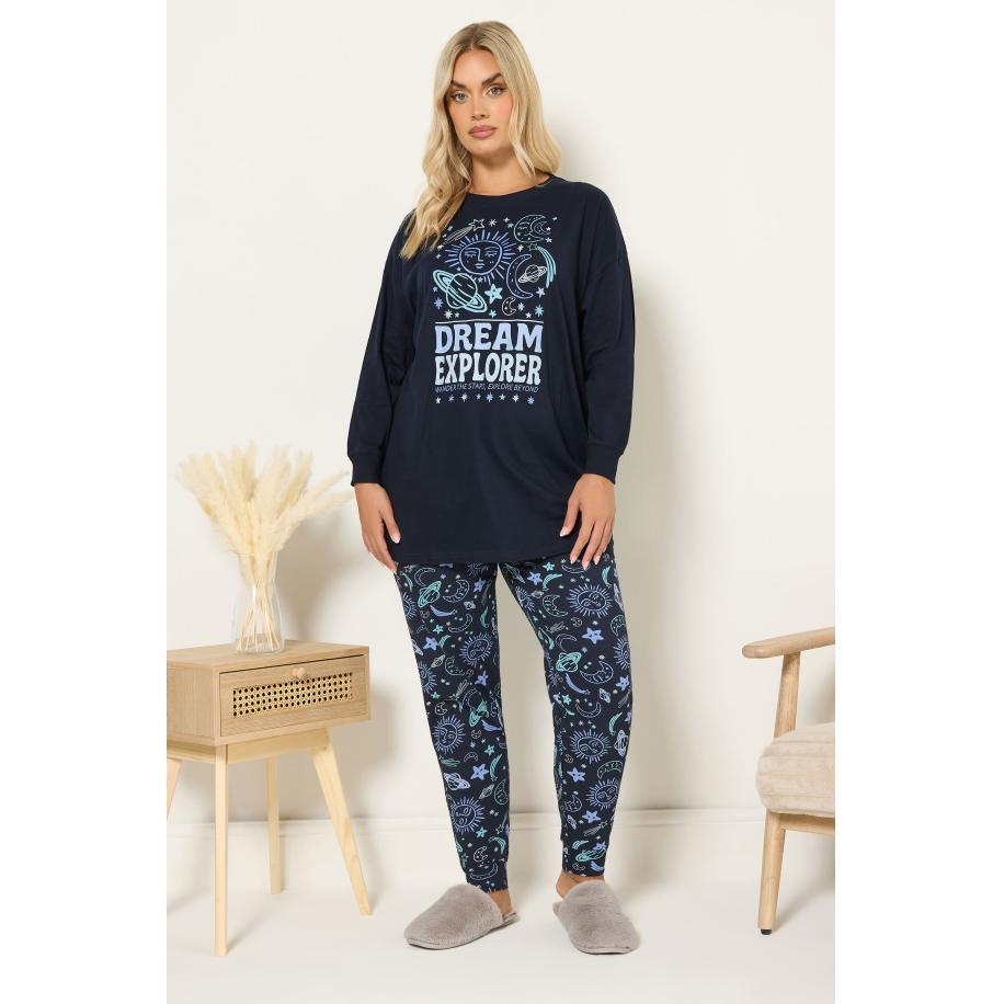 Yours Curve Marineblauwe 'Dream Explorer' Pyjamaset Met Manchetten Size 66-68 Blauw