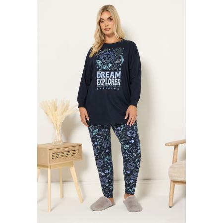 Yours Curve Marineblauwe 'Dream Explorer' Pyjamaset Met Manchetten Size 66-68