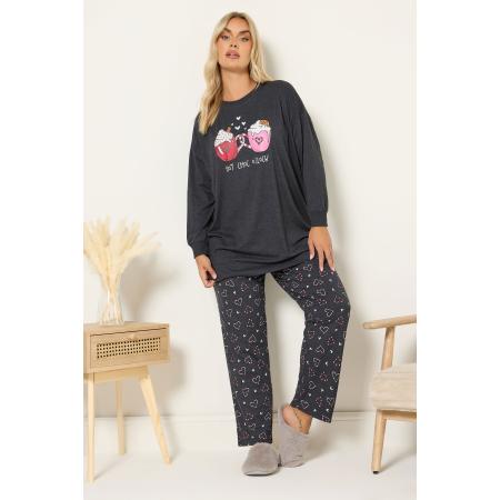 Yours Curve Charcoal Grey 'Hot Choc O'clock' Pyjamaset Met Wijde Pijpen Size 54-56