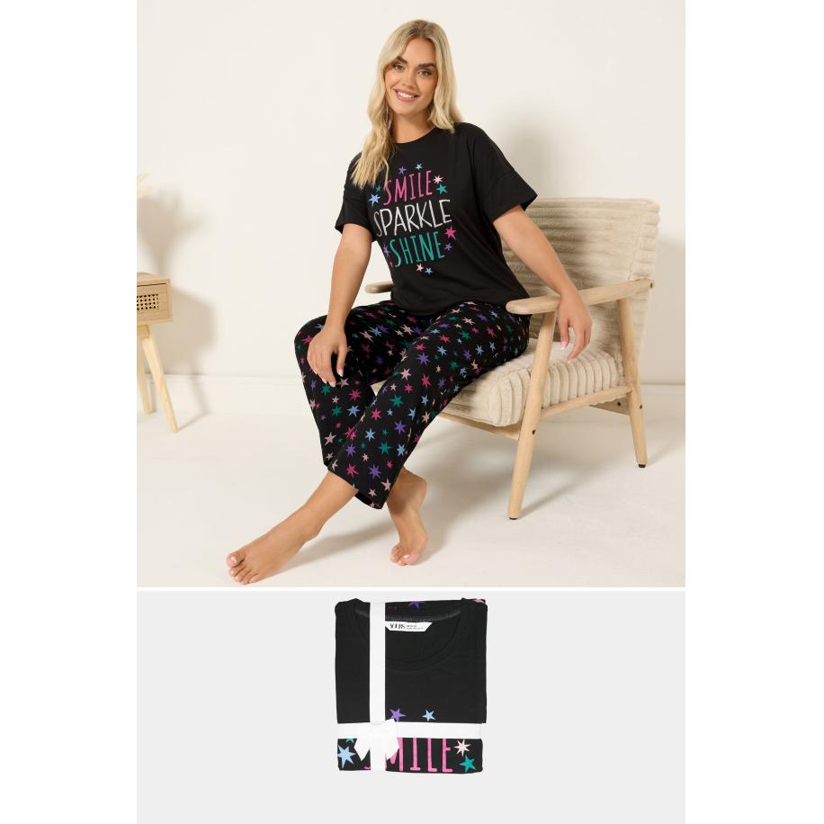 Yours Curve Zwarte 'Smile Sparkle Shine' Wijde Broek Pyjama Set Size 66-68 Zwart