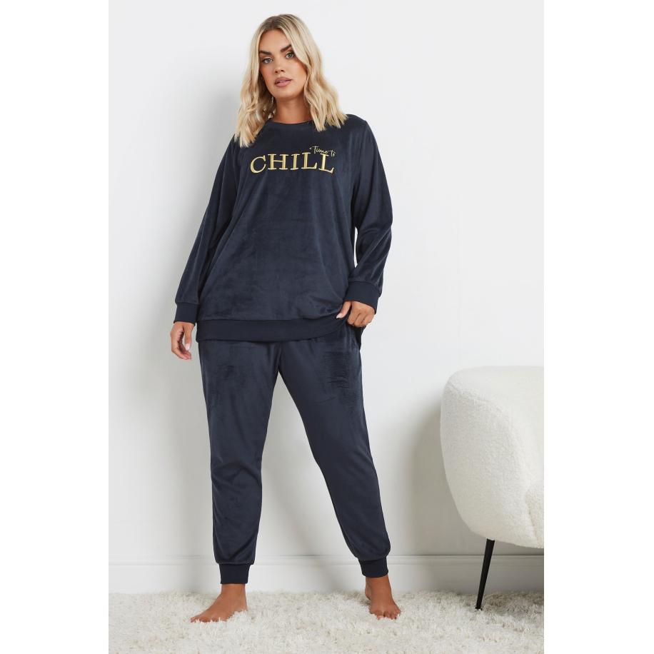 Yours Loungeset Van Fleece Met 'Time To Chill' Slogan In Donkerblauw Size 66-68 Blauw