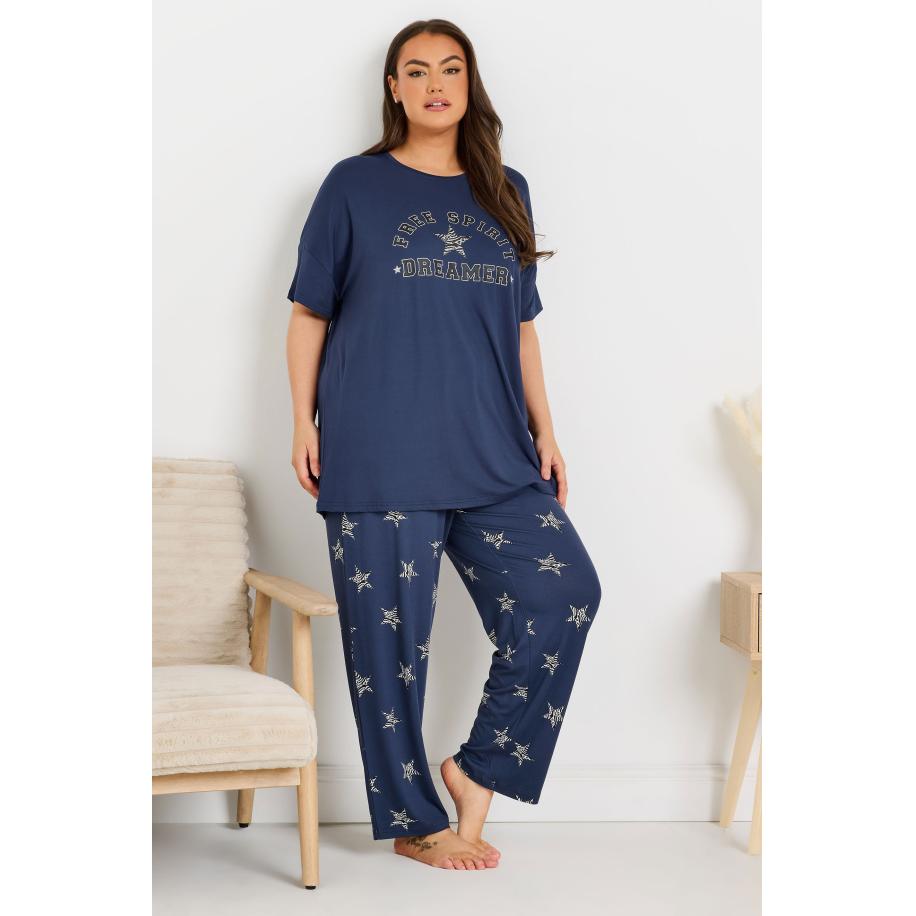 Yours Pyjamaset Met 'Free Spirit Dreamer' Slogan En Sterrenprint In Donkerblauw Size 66-68 Blauw