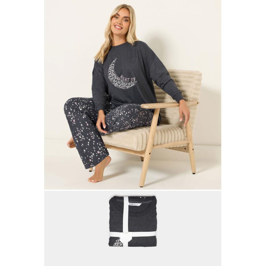 Yours Curve Charcoal Grey 'Night Sky' Pyjamaset Met Wijde Pijpen Size 66-68 Grijs