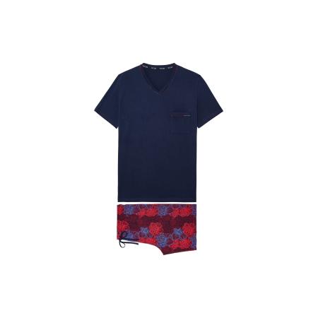 HOM HOM Pyjama kort Bouquet Short Sleepwear donkerblauw / bordeaux