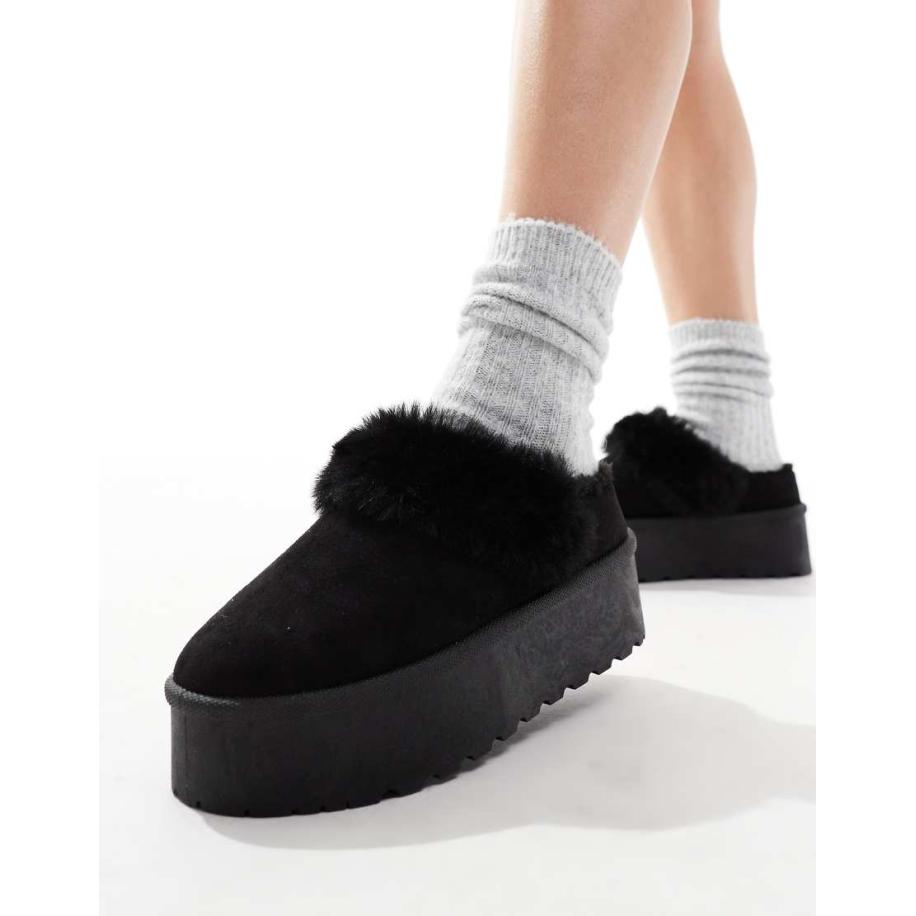 SEQWL Muiltjes met plateauzool en imitatiebont in zwart Zwart