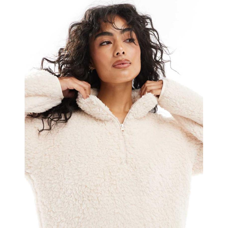 Loungeable Trui van borg met 1/4 rits en broek met wijde pijpen in vanille-Wit Wit