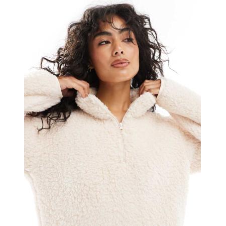 Loungeable Trui van borg met 1/4 rits en broek met wijde pijpen in vanille-Wit