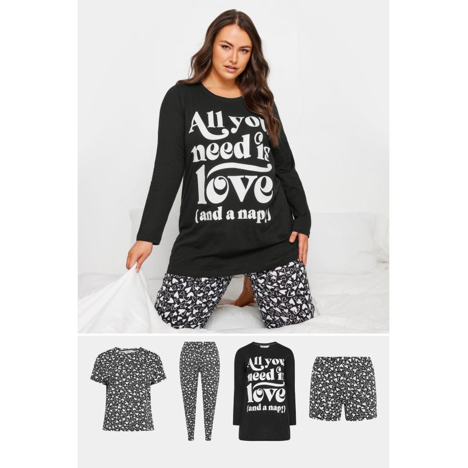 Yours Vierdelige Pyjamaset Met Hartjesprint In Zwart Size 66-68 Zwart
