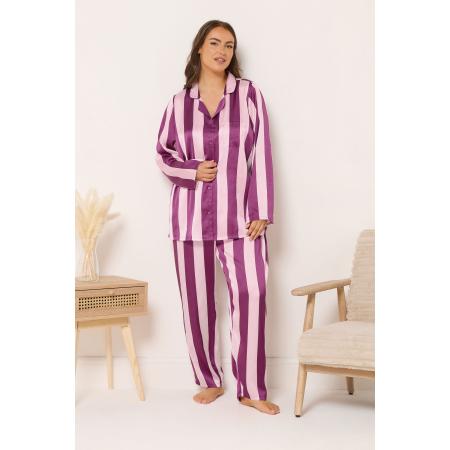 Yours Curve Bordeauxrode Gestreepte Satijnen Pyjamaset Size 66-68