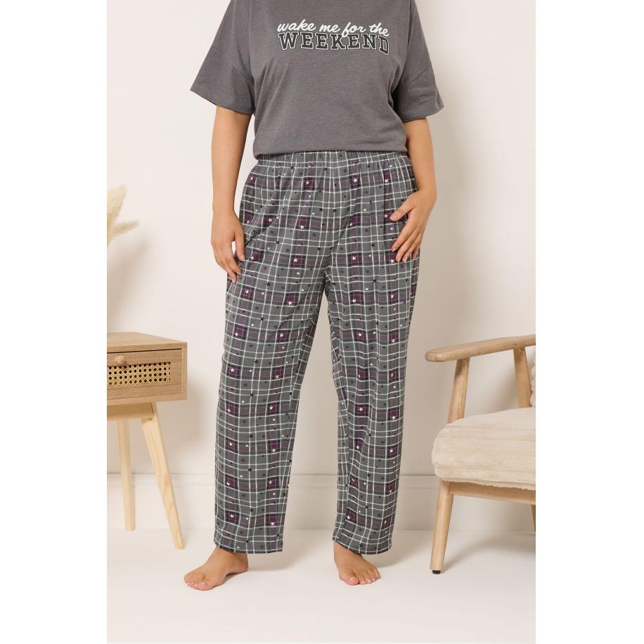 Yours Grijze Geruite Pyjamabroek Met Wijde Pijpen Size 66-68 Grijs