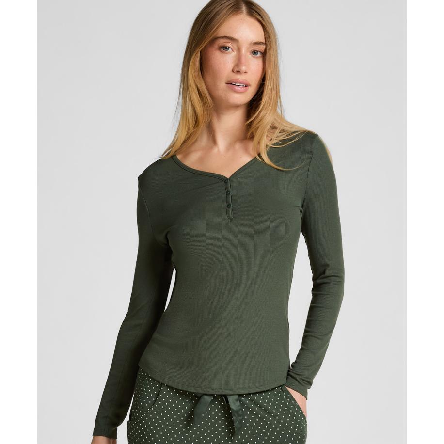 Hunkemöller Pyjamatop met lange mouwen Henley Groen Groen