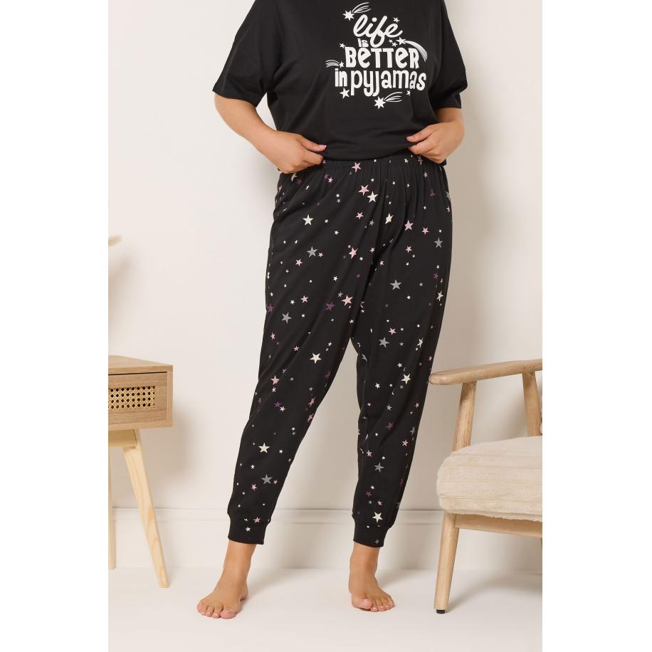 Yours Zwarte Pyjamabroek Met Sterrenprint En Boorden Size 66-68 Zwart