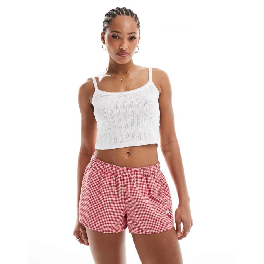 Hollister Nachtkleding Ruimvallende boxershort van flanel met lage taille, logo op de tailleband en rode hartenprint-Rood Rood