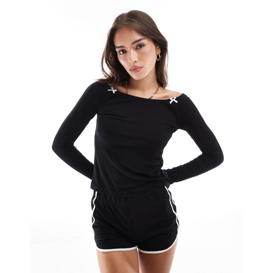 Cotton On Sleep Recovery Pyjamatop met boothals in zwart met strikjes Zwart