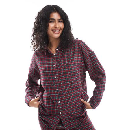 Cotton On Pyjama van flanel met ruimvallend overhemd en micro-ruitjes in rood, deel van co-ord set-Veelkleurig
