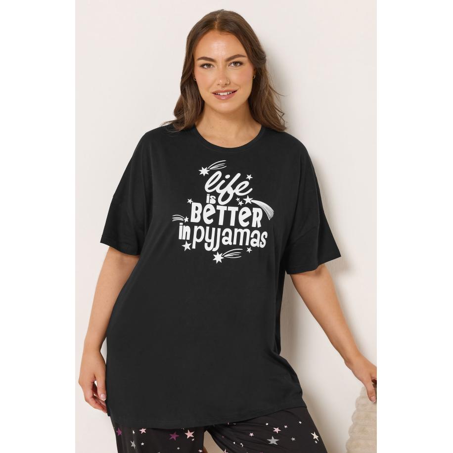 Yours Zwarte Life Is Better In Pyjamas Slogan Pyjama Top Size 66-68 Zwart