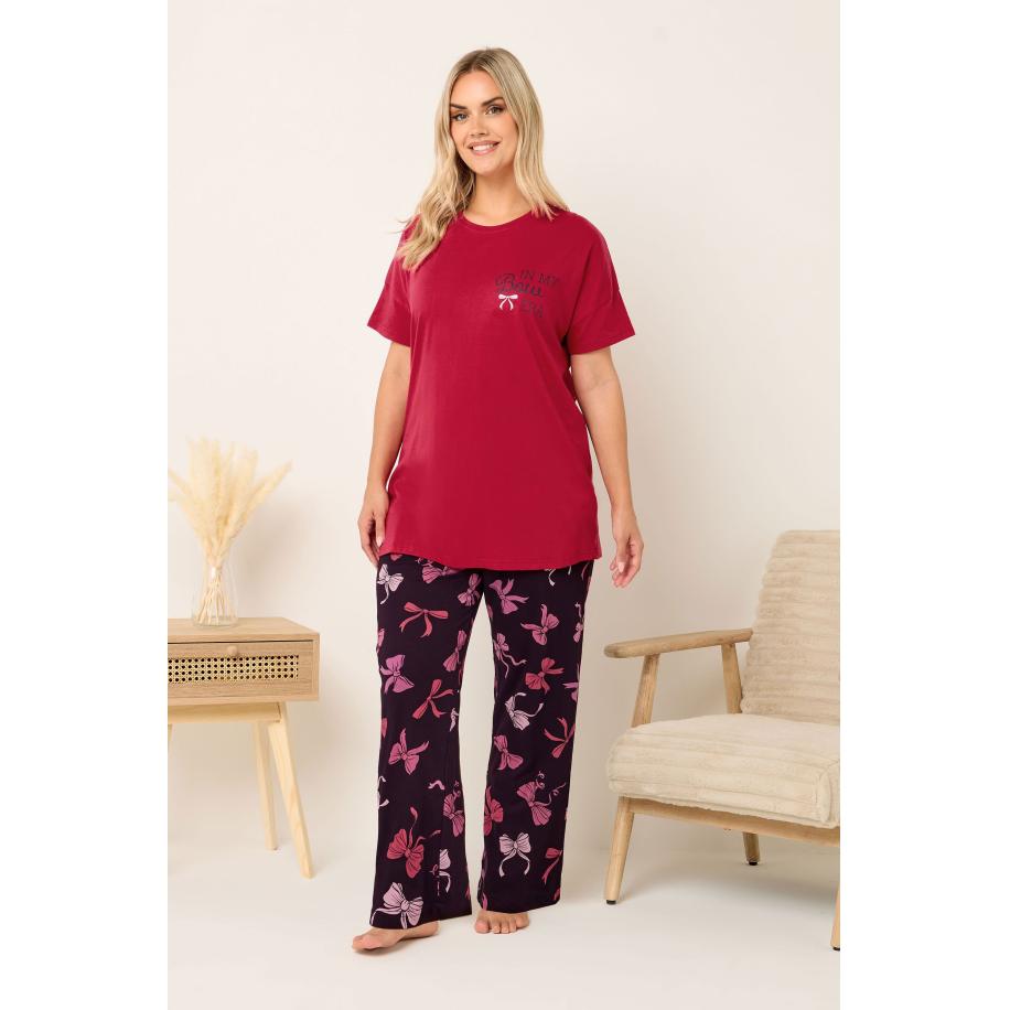 Yours Curve Rode 'In My Bow Era' Pyjamaset Met Wijde Pijpen Size 54-56 Rood