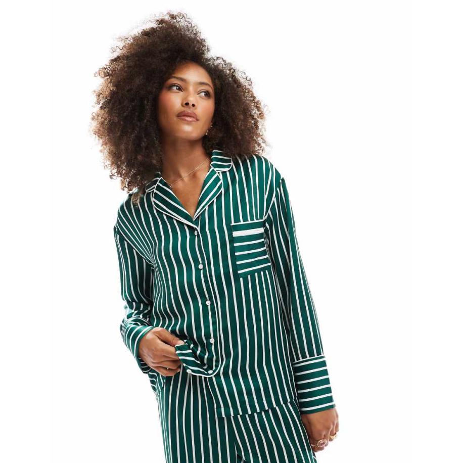 4th & Reckless Gestreept pyjamashirt van satijn met lange mouwen in groen, deel van co-ord set Groen