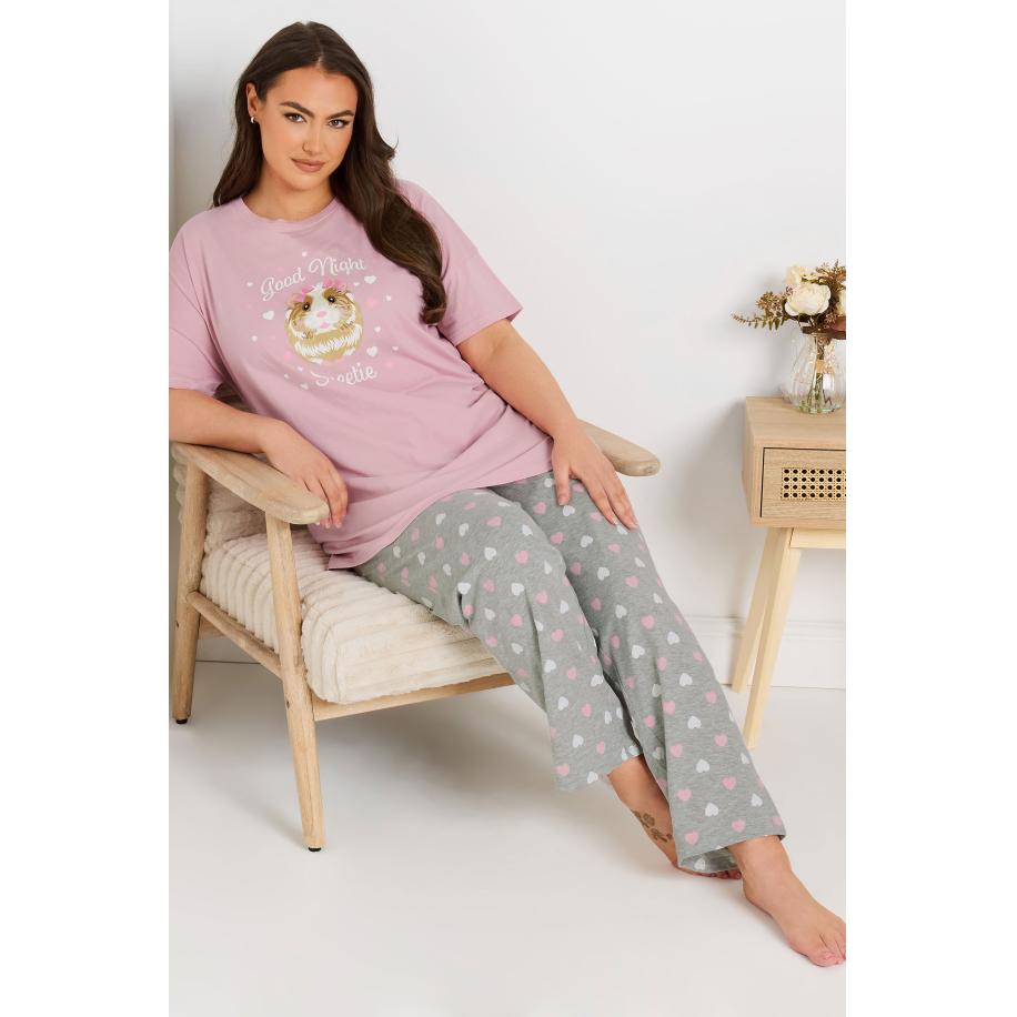 Yours Pyjamaset Met Caviaprint En 'Good Night Sweetie'slogan In Roze/Grijs Size 66-68 Roze