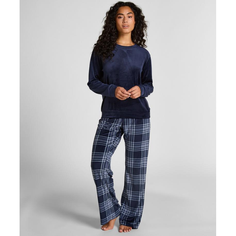 Hunkemöller Pyjamaset Velours Blauw Blauw