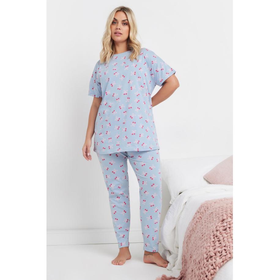 Yours Pyjamaset Met Kersenstrikjesprint In Lichtblauw Size 54-56 Blauw