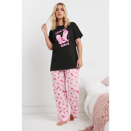 Yours Pyjamaset Met 'Lets Go Girls' Slogan En Cowboy Laarzen In Zwart/Roze Size 58-60