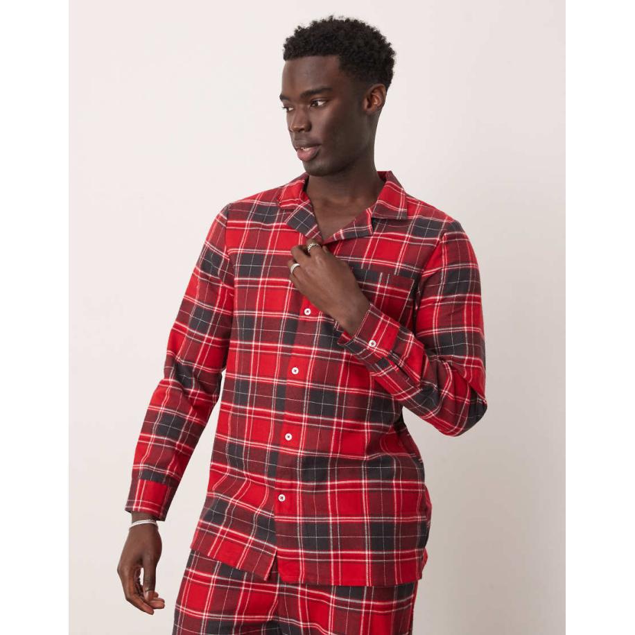New Look - Geweven geruite pyjamaset met overhemd in rood Rood