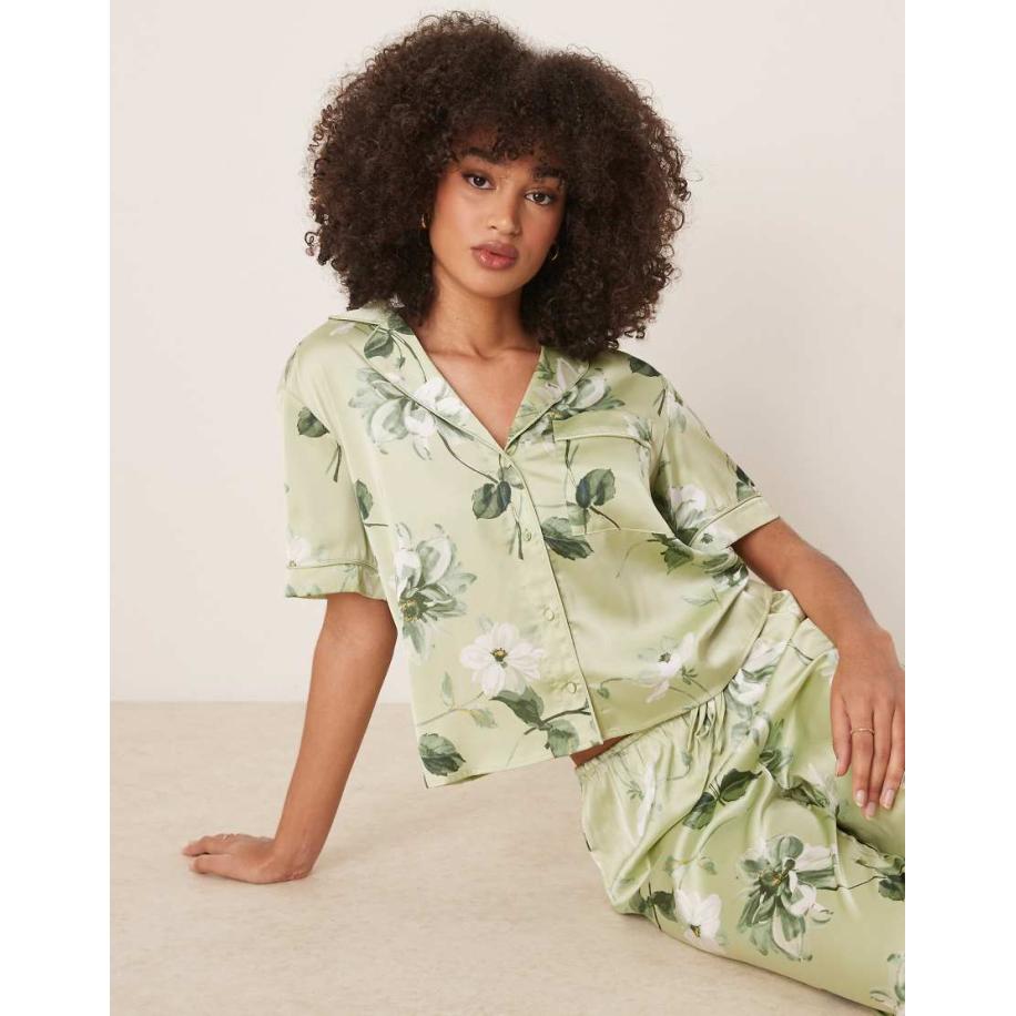 Abercrombie & Fitch Pyjama overhemd met korte mouwen en groene bloemenprint, deel van co-ord set Groen