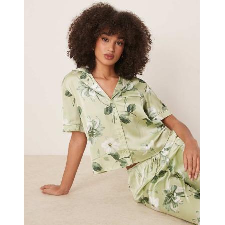 Abercrombie & Fitch Pyjama overhemd met korte mouwen en groene bloemenprint, deel van co-ord set