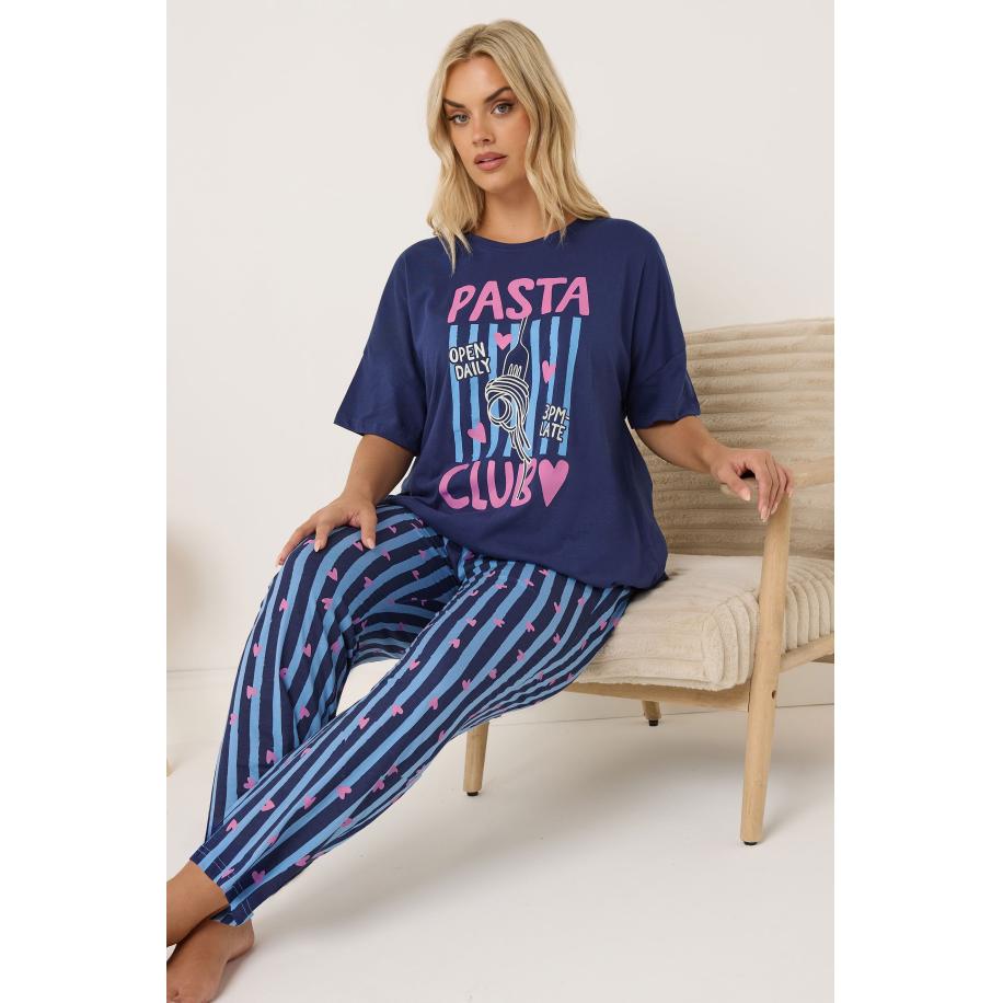 Yours Marineblauwe Pasta Club Wijde Gestreepte Pyjama Set Size 66-68 Blauw
