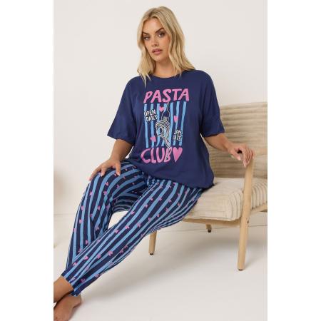 Yours Marineblauwe Pasta Club Wijde Gestreepte Pyjama Set Size 66-68
