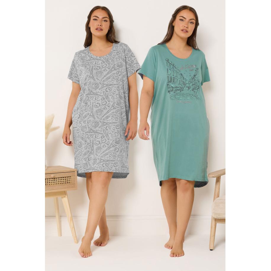 Yours 2 Pack Groen Paris Scene Nachthemden Size 66-68 Groen
