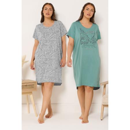 Yours 2 Pack Groen Paris Scene Nachthemden Size 66-68