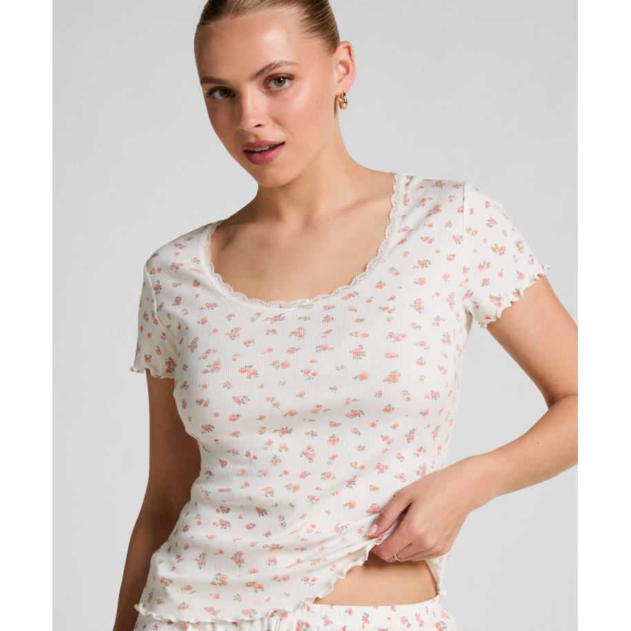 Hunkemöller Geribde top met korte mouwen en kant Wit Wit