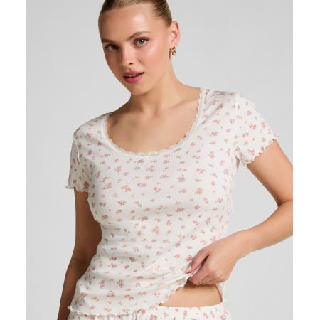 Hunkemöller Geribde top met korte mouwen en kant Wit