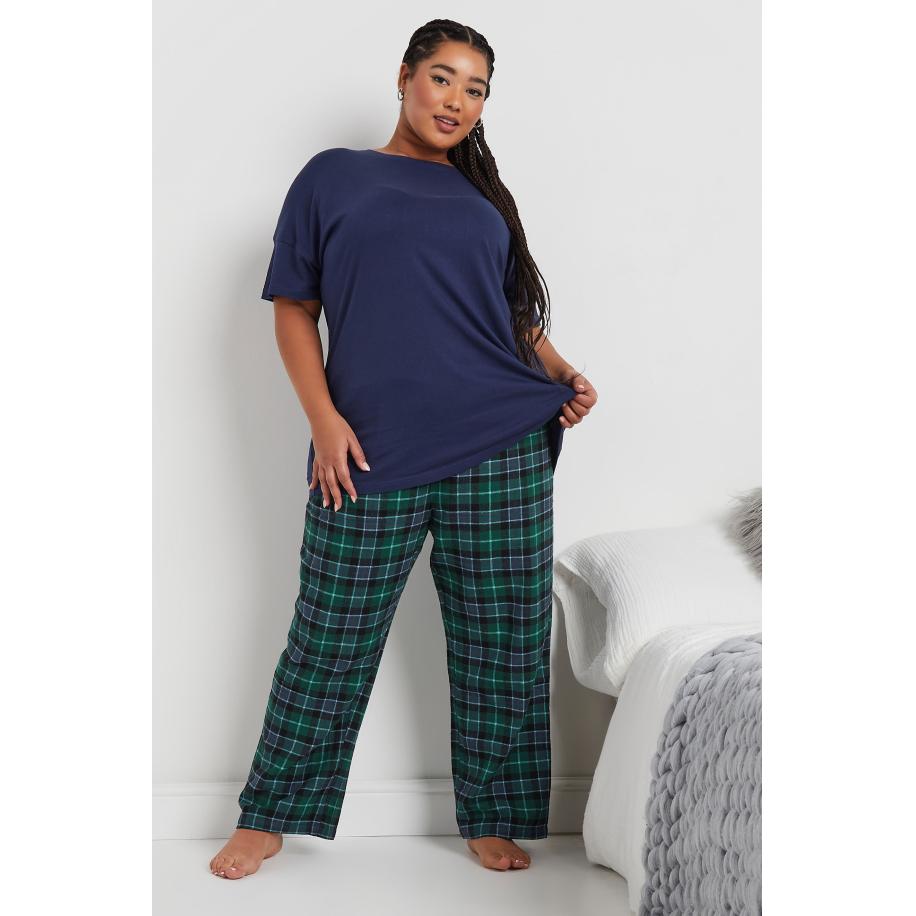 Yours Pyjamaset Van Katoen Met Ruitmotief In Donkerblauw/Groen Size 66-68 Blauw