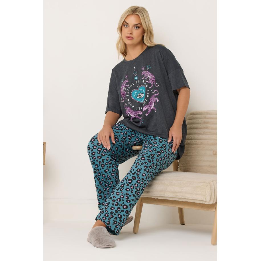 Yours Charcoal Grey Wild And Free Leopard Wide Leg Pyjama Set Size 66-68 Grijs