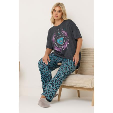 Yours Charcoal Grey Wild And Free Leopard Wide Leg Pyjama Set Size 66-68