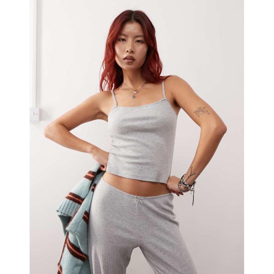 Monki Mix en match Ajourgebreide mini pyjamatop met kant en kleine strikjes in gemêleerd grijs Grijs